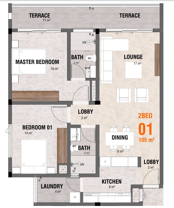 2 Bedroom Unit floor plan - Phoenix Apartments