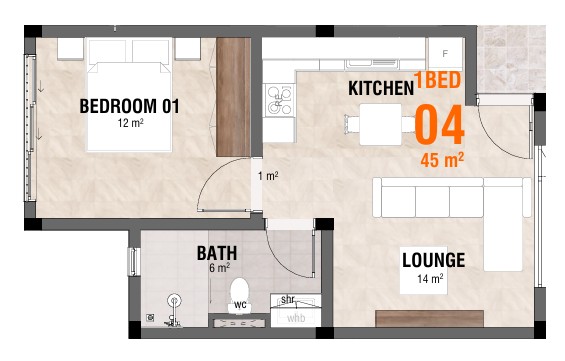 1 Bedroom Unit floor plan - Phoenix Apartments